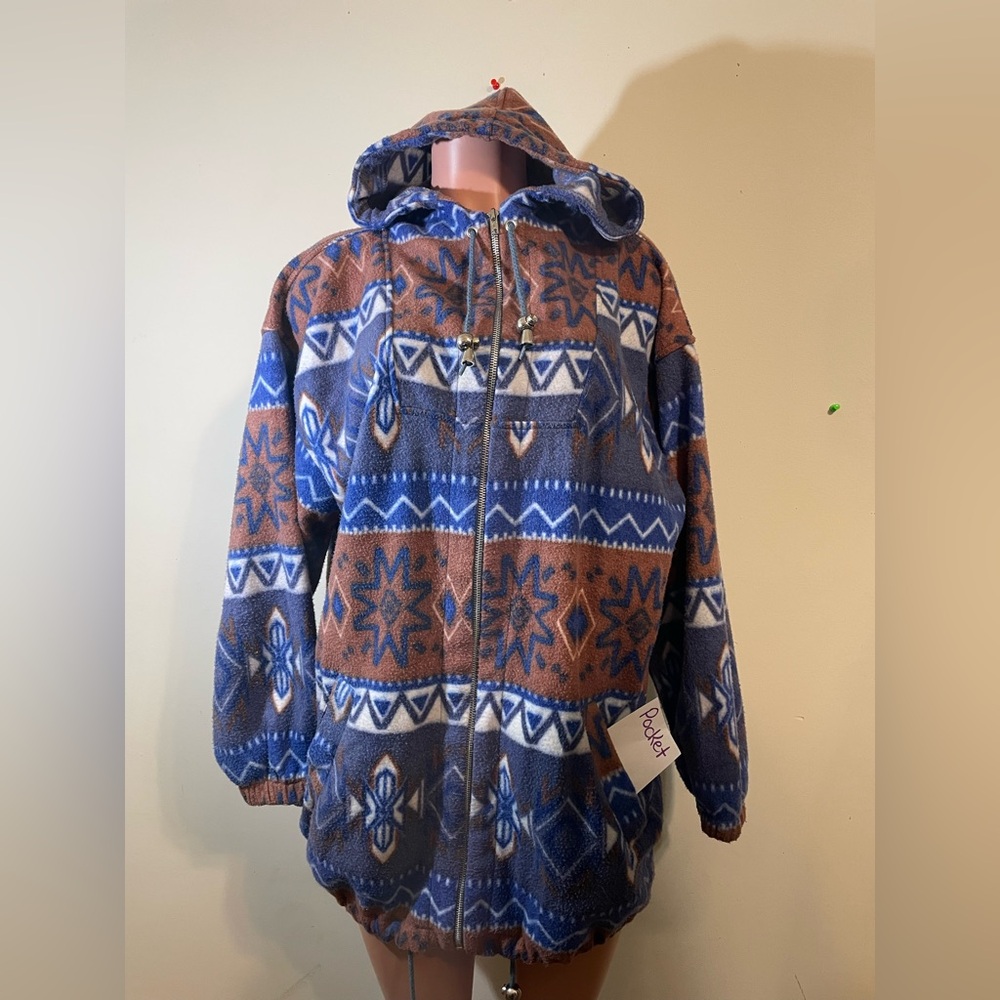 OutBrook Womens Aztec Tribal Fleece‎ Jacket Blue Brown full zip hooded w/pockets